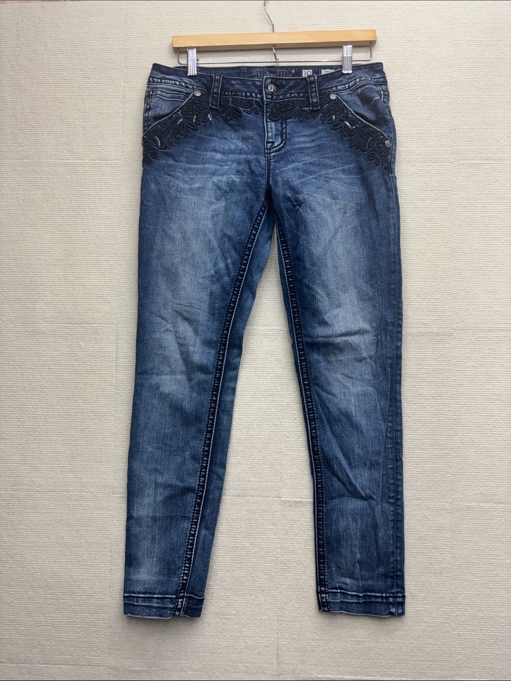 Miss Me 30 Embellished Dark Blue Women's cuffed Skinny Jeans